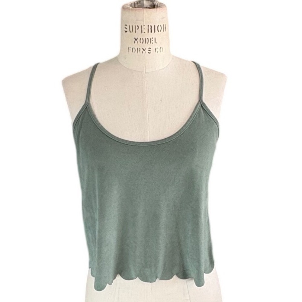 Sage Green Faux Suede Scalloped Crop Cami Tank Top Boho Summer Festival Women XS